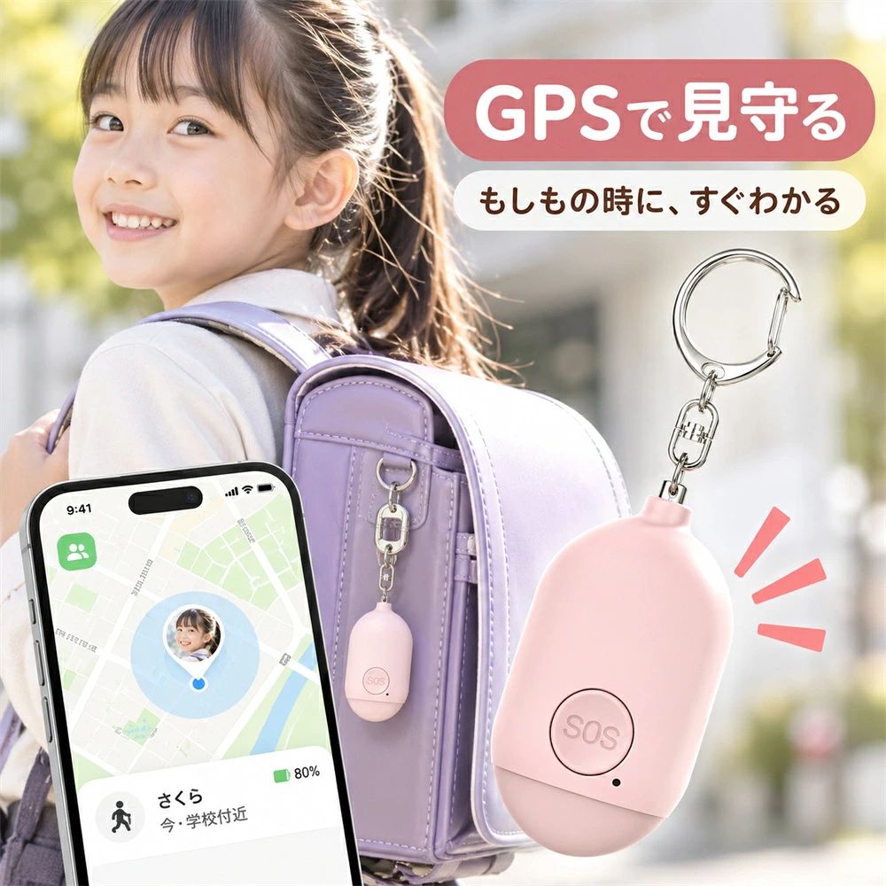 【商品説明】 【安心を守る】防犯ブザー GPS付き｜大音量120dB・LEDライト ■ お子さまや高齢者の安全を、直感的にサポート 登下校や習い事、夜間の外出などで危険を感じた際に、素早く助けを呼べる高機能防犯ブザーです。大音量120dBブザー、LEDライト搭載で安心感を提供します。軽量・小型設計で持ちやすく、リング操作や充電式バッテリーで繰り返し使用可能です。 ■ 商品の特徴 GPSリアルタイム追跡 専用アプリと連携し、現在地をリアルタイムで確認できます。登下校時や外出時の見守りに最適です。 大音量120dBブザー リングを引き抜くだけでブザーが作動。周囲に危険を知らせ、緊急時に素早く助けを呼べます。 SOSボタンで簡単操作 SOSボタンを2回押すだけでアラームが鳴動。解除は長押しで行えます。お子さまでも直感的に操作可能です。 LEDライト搭載 暗い夜道でも光で存在を知らせ、安全を確保します。夜間ジョギングや散歩にも便利です。 IP44防水仕様 雨や水しぶきにも対応。通学・通塾・アウトドア・散歩など、さまざまなシーンで安心して使用できます。 多彩な使用シーン 小学生の登下校、習い事、高齢者の散歩、夜間の一人歩きなど幅広く活用できます。 ■ サイズ・仕様詳細 本体サイズ：約8cm × 3.6cm × 1.7cm 重量：約30g 材質：ABS樹脂 防水性能：IP44 バッテリー：充電式リチウムバッテリー 操作方法：リング引き抜き／SOSボタン2回押し ■ よくあるご質問（FAQ） Q：リングを引き抜くだけでブザーは鳴りますか？ A：はい、リングを引き抜くだけで約120dBのブザーが作動します。解除は元に戻すだけです。 Q：SOSボタンは誰でも操作できますか？ A：はい、SOSボタンを2回押すだけでアラームが鳴動し、解除は長押しで行えます。 Q：雨の日でも使用できますか？ A：はい、IP44防水仕様のため、雨や水しぶきにも対応しております。 Q：GPSで位置確認できますか？ A：はい、専用アプリからリアルタイムで位置確認が可能です。 Q：どのようなシーンで使用できますか？ A：登下校、習い事、高齢者の散歩、夜間ジョギング、一人歩きなど幅広いシーンでご利用いただけます。 【注意事項】 ※ご使用中の破損や事故等につきましては、当店では責任を負いかねますので、あらかじめご了承ください。 ※サイズ・重量につきましては、商品ごとに若干の誤差が生じる場合がございます。目安としてご参考ください。 ※ご利用のモニターやブラウザ環境により、実際の商品と画像の色味が異なって見える場合がございます。 ※商品パッケージは、予告なく変更となる場合がございます。予めご了承ください。 ※PSEマークにつきまして、本商品は内蔵する単電池1個当たりの体積エネルギー密度が400Wh/L未満のため、電気用品安全法の規制対象外となっております。 ※ご注文のタイミングによっては、在庫切れや入荷待ちとなる場合がございます。その際は別途ご連絡させていただきます。 【関連キーワード】 #防犯ブザー #GPS付きブザー #大音量120dB #LEDライト搭載 #SOSボタン #リング操作 #IP44防水 #充電式 #子供安全グッズ #登下校見守り #習い事安全 #夜間安全 #高齢者見守り #一人歩き防犯 #軽量小型ブザー #緊急アラーム #紛失防止 #キッズ防犯 #プレゼント防犯 #新学期必須 #アウトドア安全 #通学安全 #習い事見守り #防犯アイテム #防犯グッズ