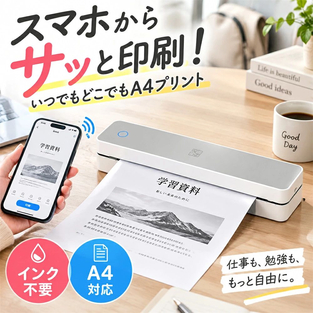 【商品説明】 モバイル感熱プリンター｜A4ワイド対応・インク不要・Bluetooth接続｜外出先でも手軽に高解像度プリント Bluetooth接続に対応したモバイル感熱プリンター。インク不要で経済的、しかも軽量＆コンパクト設計なので持ち運びに便利です。スマホから直接印刷できるため、ビジネス書類や学習用レポート、外出先での緊急印刷に最適です。 【主な特徴】 A4ワイド対応で幅広く活躍 契約書・レポート・会議資料など、標準的なA4サイズに対応。ビジネスから学習まで幅広く利用可能です。 インク不要の感熱式＆省エネ設計 感熱紙を使用するためインク交換が不要。ランニングコストを抑え、環境にも優しい設計です。 Bluetooth接続＆USB接続対応 スマホやタブレットとはBluetoothでワイヤレス接続、パソコンとはUSBケーブルで有線接続が可能です。使用環境に合わせて、安定した接続方法を選べます。 軽量コンパクトで持ち運び便利 バッグやリュックにすっきり収まるサイズ感。外出先・出張・旅行にも携帯しやすいです。 高解像度で鮮明なプリント 文字や図表をくっきり再現。ビジネス書類や学習資料も見やすく印刷できます。 USB充電式バッテリー内蔵 フル充電で約2〜3時間の連続使用が可能。モバイルバッテリーからの充電にも対応します。 緊急時にも大活躍 出先で急ぎの書類やチケットをすぐ印刷。安心のバックアップツールになります。 【商品仕様】 商品名：モバイル感熱プリンター（感熱紙10枚）（dokikkk453zm） 用紙サイズ：A4ワイド対応（感熱紙） 接続方式：Bluetooth / USB 重量：?0.5kg 電源方式：USB充電式（内蔵バッテリー） 特徴：インク不要・高解像度・省エネ・軽量設計 【おすすめの使用シーン】 出張先での契約書・見積書印刷 学生のレポート・学習プリント 外出先での緊急書類作成 旅行中のチケット・予約表出力 在宅ワークや打ち合わせ用資料の準備 【対象ユーザー】 出張や外出が多いビジネスマン レポートや課題提出が多い学生 印刷機がない環境で作業する在宅ワーカー 緊急印刷に備えたい方 軽量＆小型プリンターを探している方 【FAQ（よくあるご質問）】 Q1：インクは必要ですか？ A1：いいえ。感熱紙を使用するため、インク交換は不要です。 Q2. 屋外での使用も可能ですか？ A2. はい、内蔵バッテリーで駆動するため、コンセントがない場所でもご利用いただけます。ただし、直射日光や高温多湿の環境での使用は避けてください。 Q3. 印刷スピードは速いですか？ A3. 感熱式のためウォームアップが不要で、電源を入れてすぐに印刷を開始できます。短時間でスムーズに出力可能です。 Q4. 用紙の補充は簡単ですか？ A4. はい、カバーを開けて感熱紙をセットするだけで完了します。難しい作業は一切不要です。 【注意事項】 ※ご使用中の破損や事故等につきましては、当店では責任を負いかねますので、あらかじめご了承ください。 ※サイズ・重量につきましては、商品ごとに若干の誤差が生じる場合がございます。目安としてご参考ください。 ※ご利用のモニターやブラウザ環境により、実際の商品と画像の色味が異なって見える場合がございます。 ※商品パッケージは、予告なく変更となる場合がございます。予めご了承ください。 ※PSEマークにつきまして、本商品は内蔵する単電池1個当たりの体積エネルギー密度が400Wh/L未満のため、電気用品安全法の規制対象外となっております。 ※ご注文のタイミングによっては、在庫切れや入荷待ちとなる場合がございます。その際は別途ご連絡させていただきます。 【関連キーワード】 #モバイルプリンター #感熱式プリンター #A4対応プリンター #携帯プリンター #ワイヤレスプリント #Bluetoothプリンター #WiFi接続プリンター #小型プリンター #スマホ対応プリンター #インク不要プリンター #コンパクトプリンター #軽量プリンター #モバイル印刷機 #出張用プリンター #学習用プリンター #ビジネス必須アイテム #高解像度プリント #省エネプリンター #緊急印刷対応 #持ち運び便利