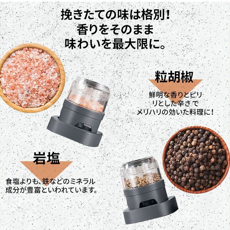 電動ミル ペッパー 充電式 電動スパイスミル ポット トレイ セット 片手操作 粗さ調整 USB充電 ソルト 岩塩 胡椒 ミル 香辛料 調味料 調理器具 ペッパーミル キャンプ バーベキュー キッチン 新生活 プレゼント ギフト triangle777-10032431 トライアングル777 サンプル画像3