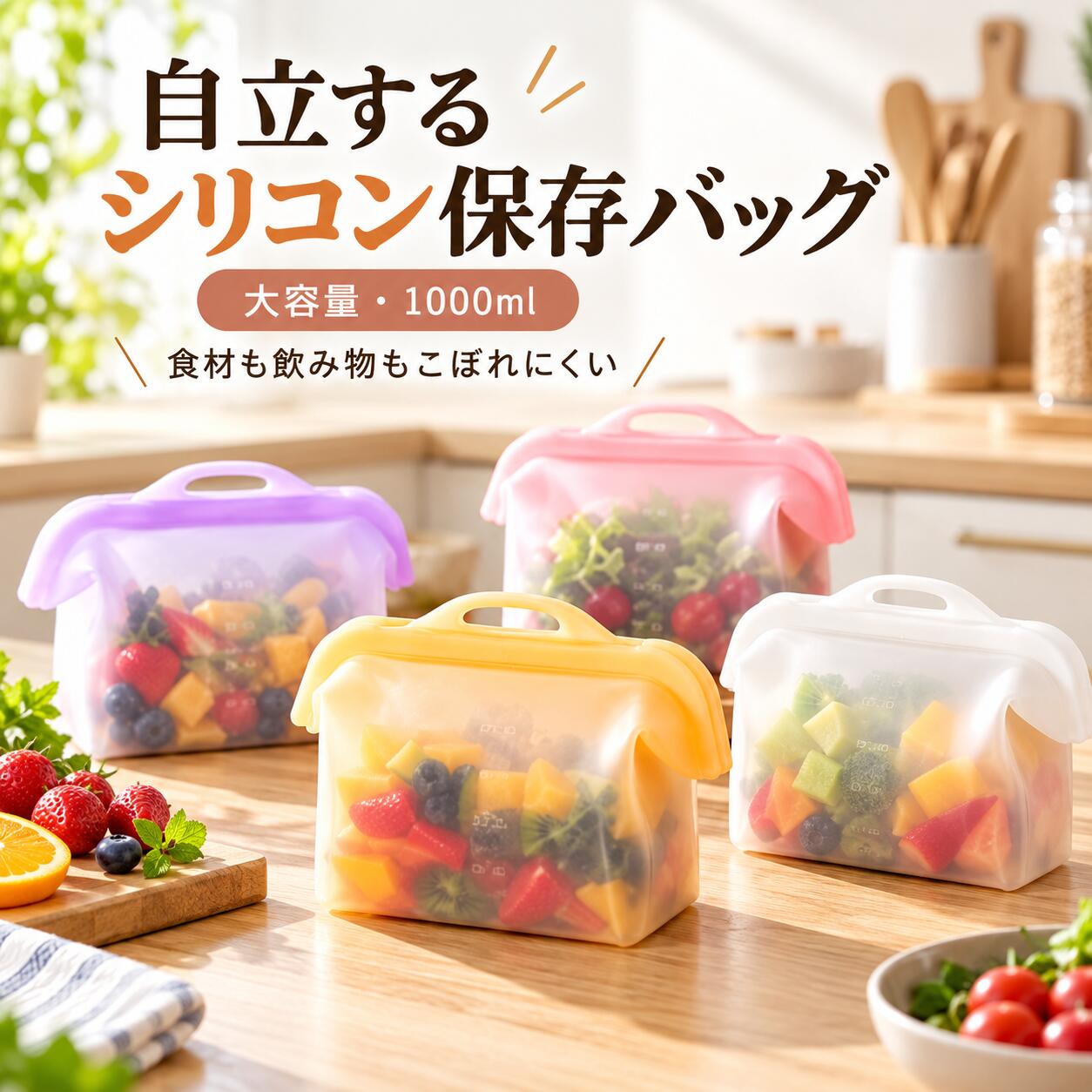 シリコン保存袋 1000ml 自立式 密閉 大開口 食品保存バッグ 冷蔵 冷凍 野菜 果物 肉 作り置き 繰り返し使える 洗える 保存容器 キッチン収納 小物収納 コスメポーチ 半透明 大容量 エコ