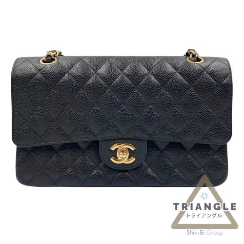 CHANEL シャネル ダブルフラップチェーンショルダーバッグ25　キャビアスキン