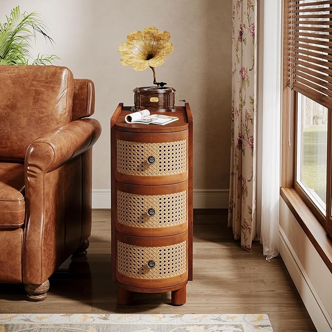 サイドテーブル ラタン調 引き出し付き ベッド横テーブル ソファテーブル ナイトテーブル スリム 木製 ..