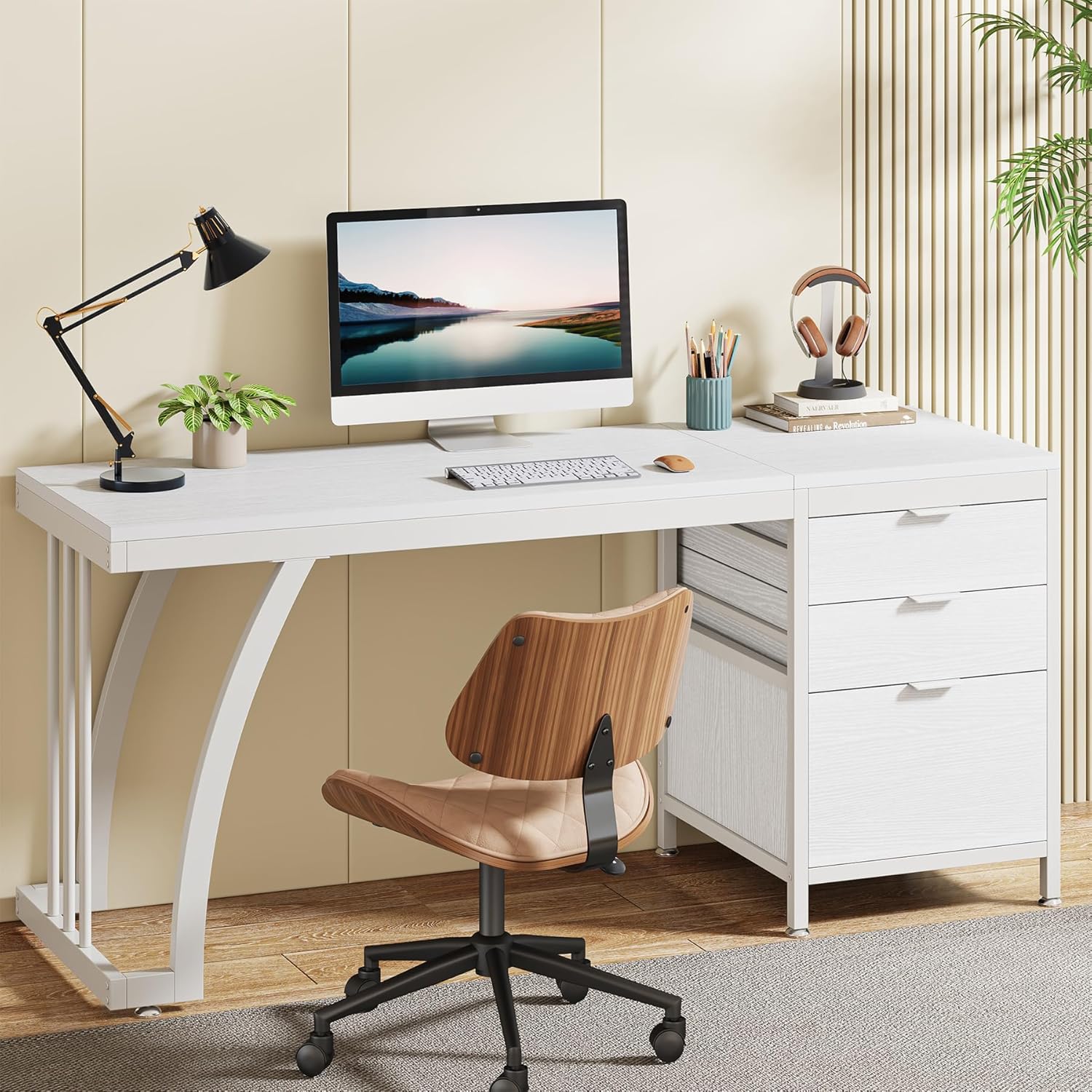 Rakuten - Tribesigns シェルフデスク パソコンデスク 収納ラック 引き出し付き 幅140cm ゲーミングデスク 木製 机 pcデスク 勉強机 学習デスクテレワーク 白