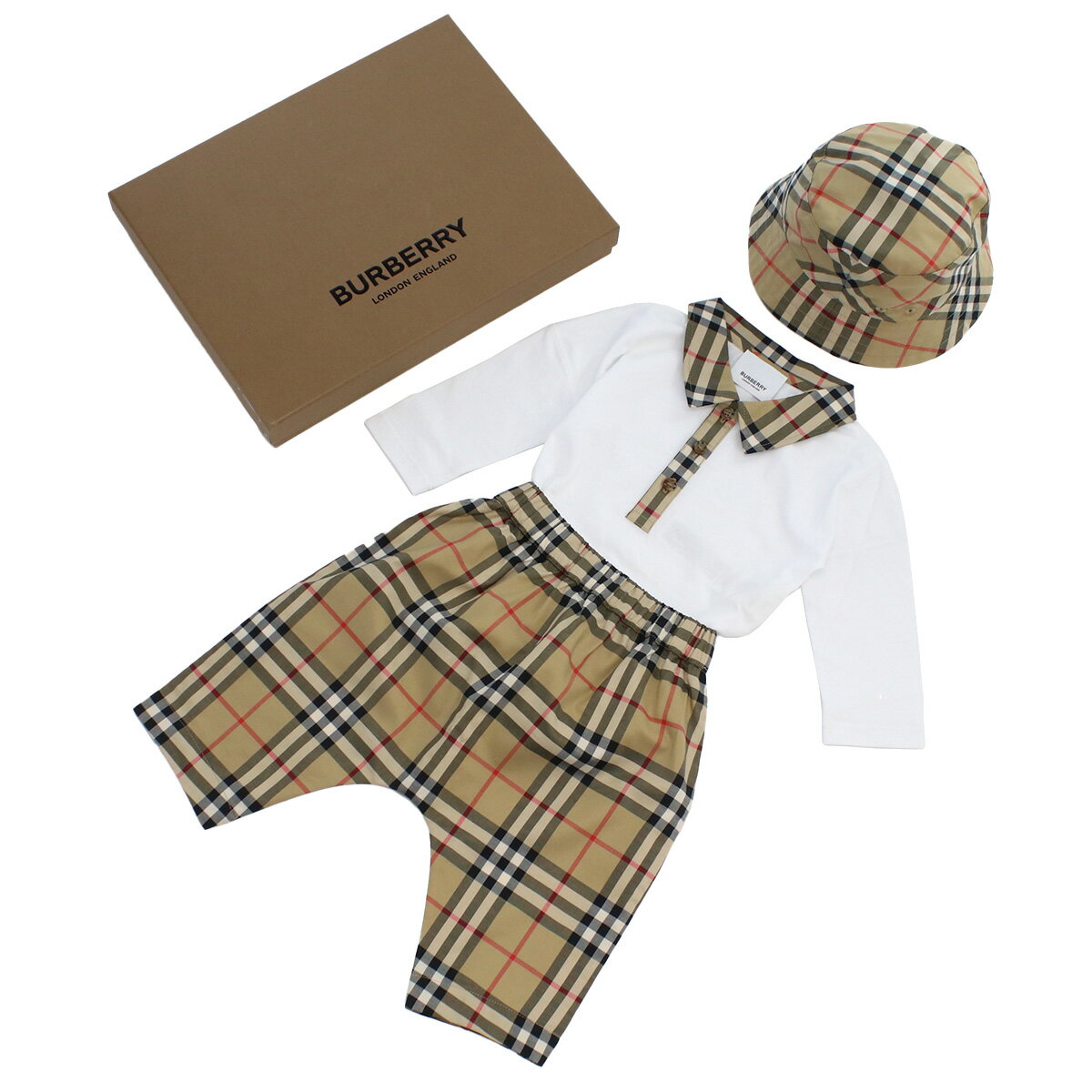 バーバリー　ベビー服 バーバリー BURBERRY ベビー－ロンパース ハーフパンツ ハット 3点セット ギフト 出産祝い 8065886 A7028 ARCHIVE BEIGE ブラウン系マルチカラー ホワイト系 kb-01