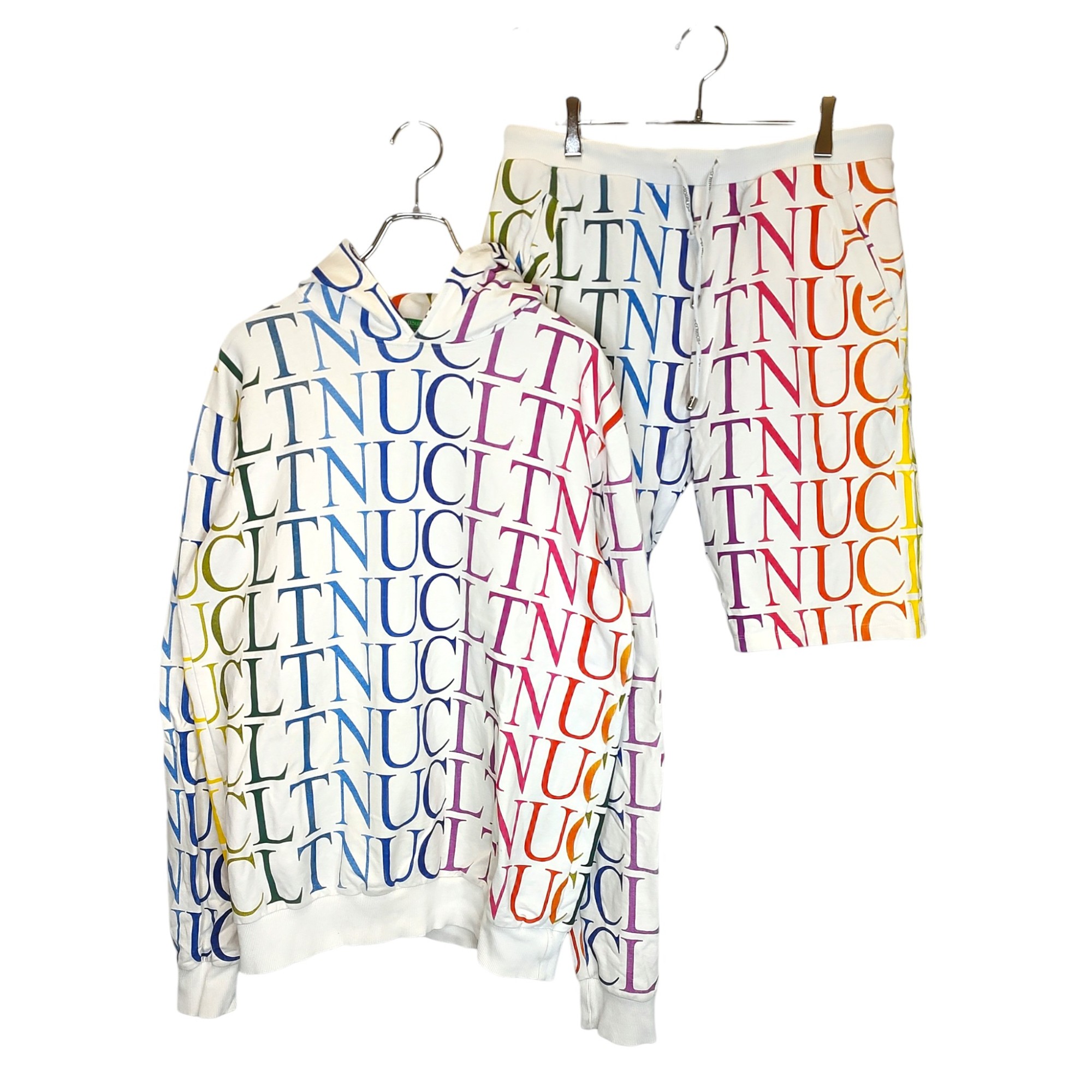 【中古】USUALIS ウザリス 総柄 パーカー ショートパンツ セットアップ XXL ホワイト/レインボー メンズ