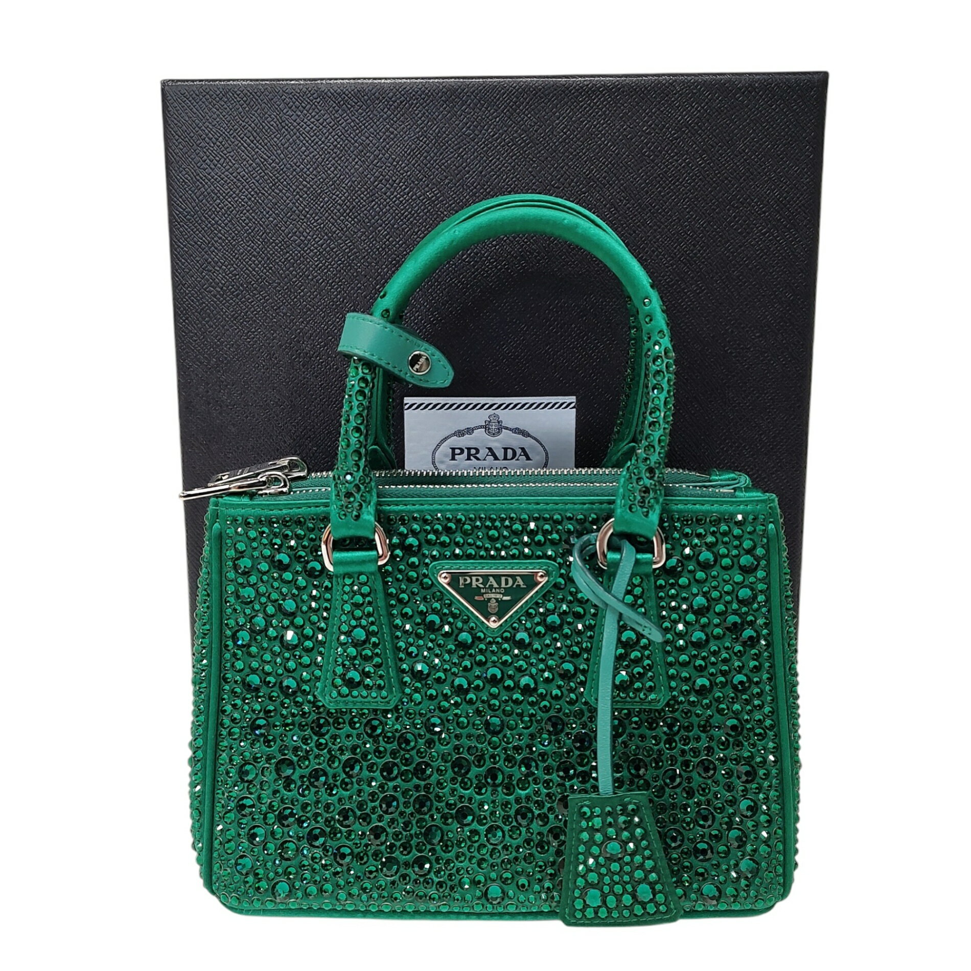 【中古】PRADA プラダ Galleria satin mini-bag 2WAY ショルダー ハンド クリスタル バッグ F グリーン レディース