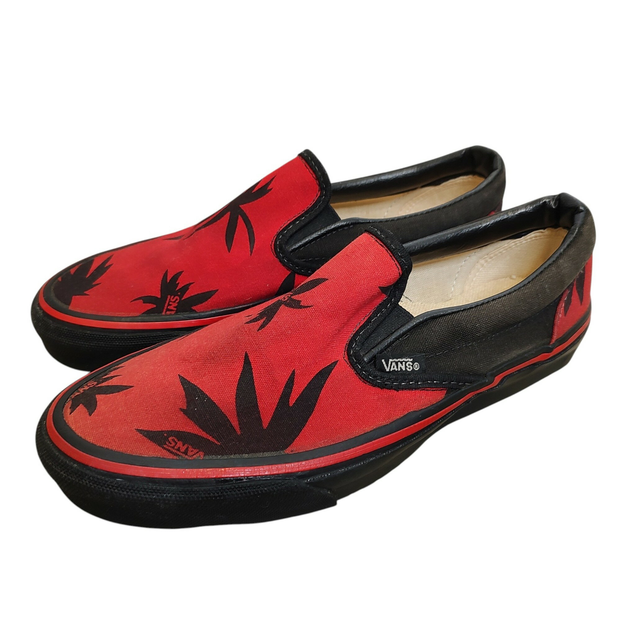 乐天商城 - 【中古】VANS ヴァンズ 90S ヴィンテージ リーフ柄 スリッポン スニーカー 7.5 レッド メンズ