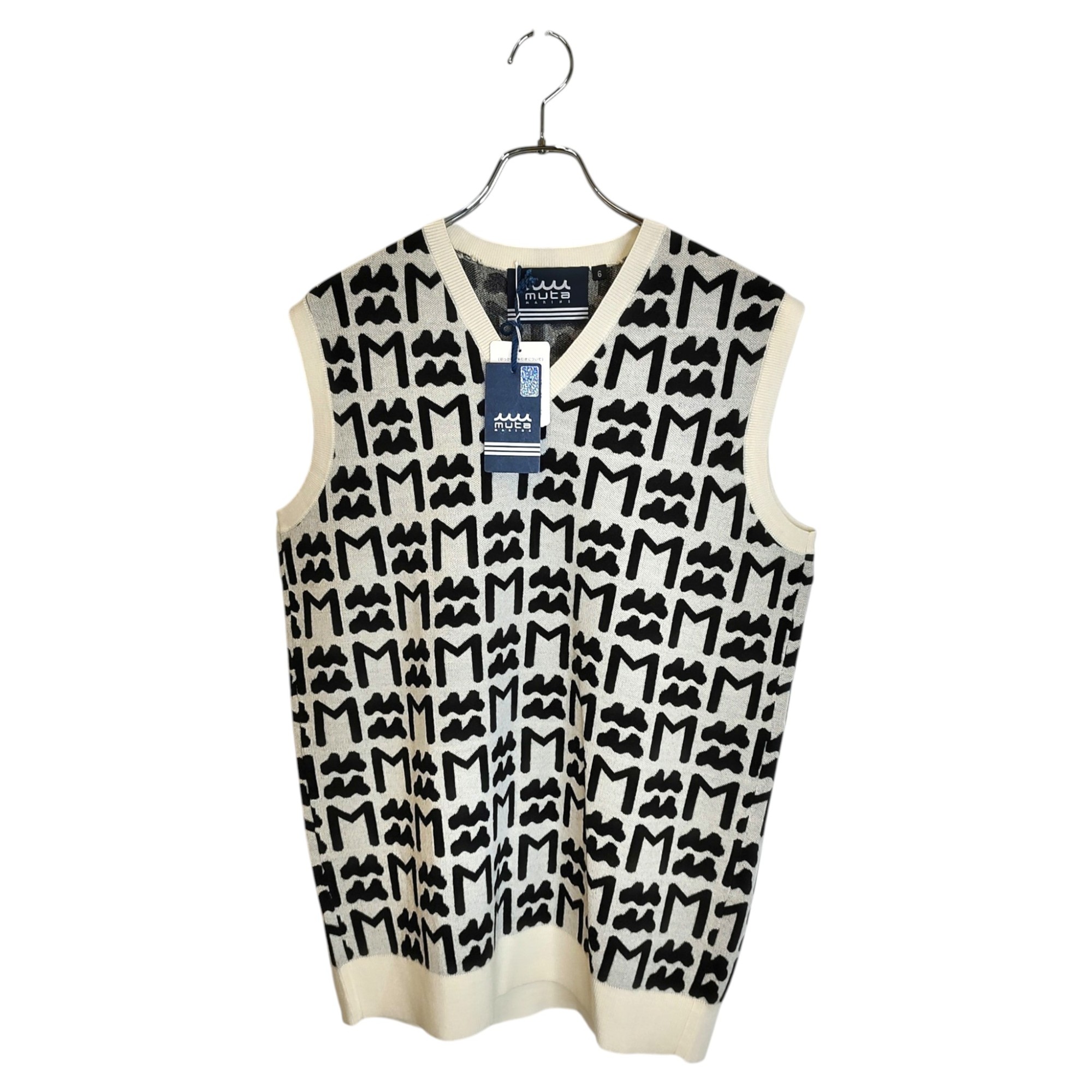 muta MARINE GOLF ムータ マリン ゴルフ KNIT VEST MM PATTERN ジャガード Vネック ニット ベスト YMMO-210305 6 L ホワイト×ブラック メンズ
