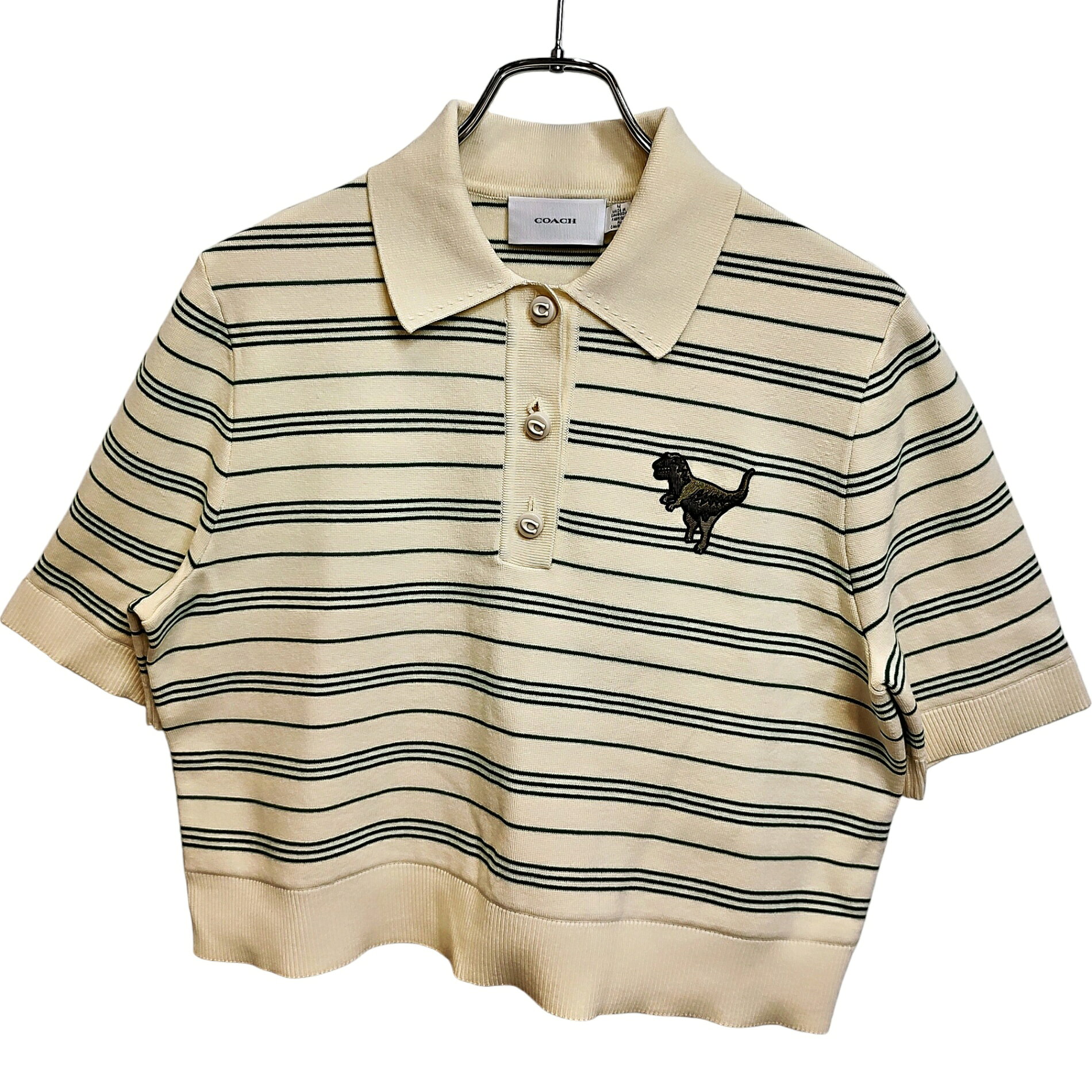 【中古】COACH コーチ 26SS Rexy 10th Birthday S/S Polo レキシー 10TH バースデー 半袖 ポロシャツ CDI63 M ベージュ×グリーン レディース