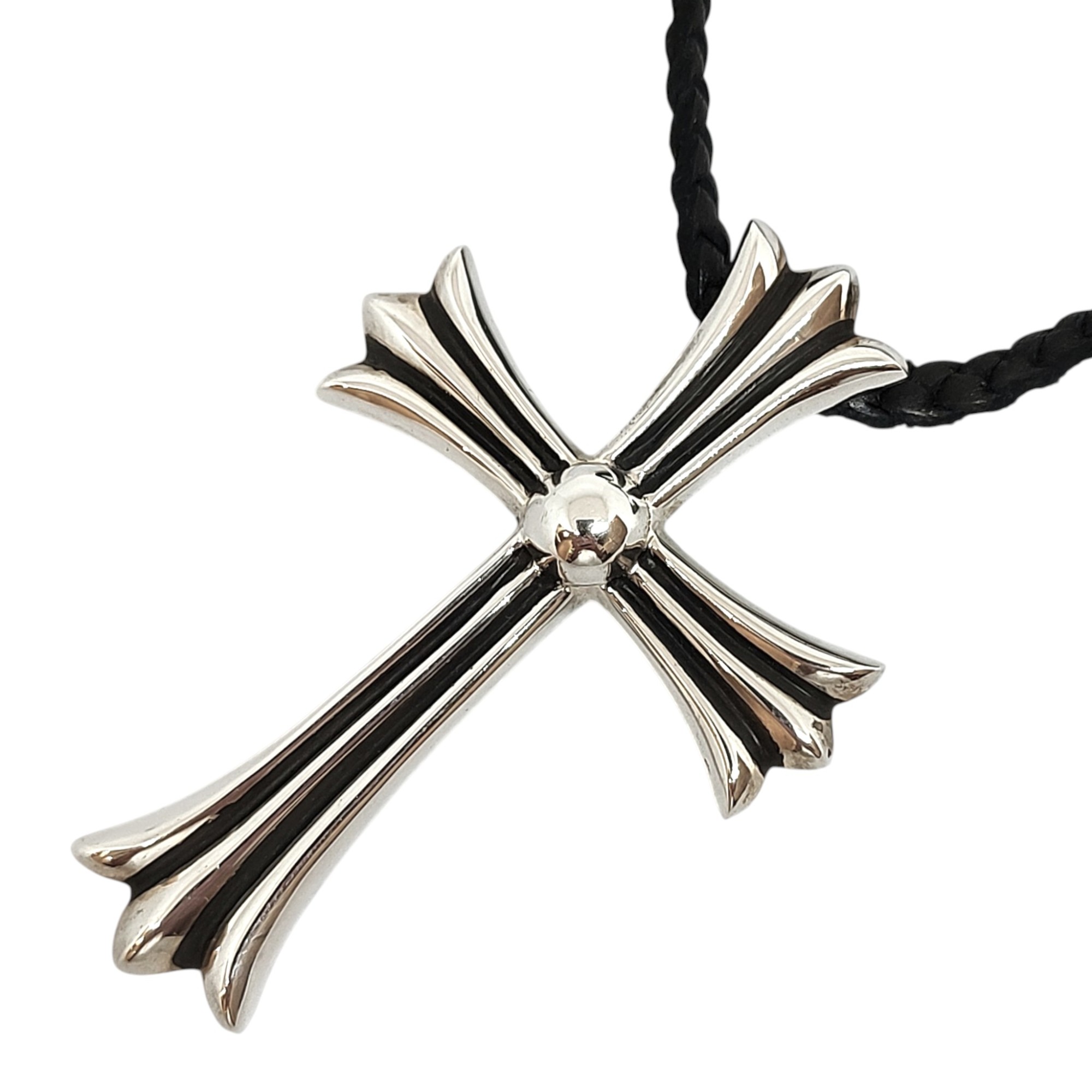 【中古】Chrome Hearts クロムハーツ CH CRS LG BC W LEATHER BRAID ラージ CHクロス ペンダント Wボロチップ レザーブレイド ネックレス インボイス原本有 F シルバー ユニセックス