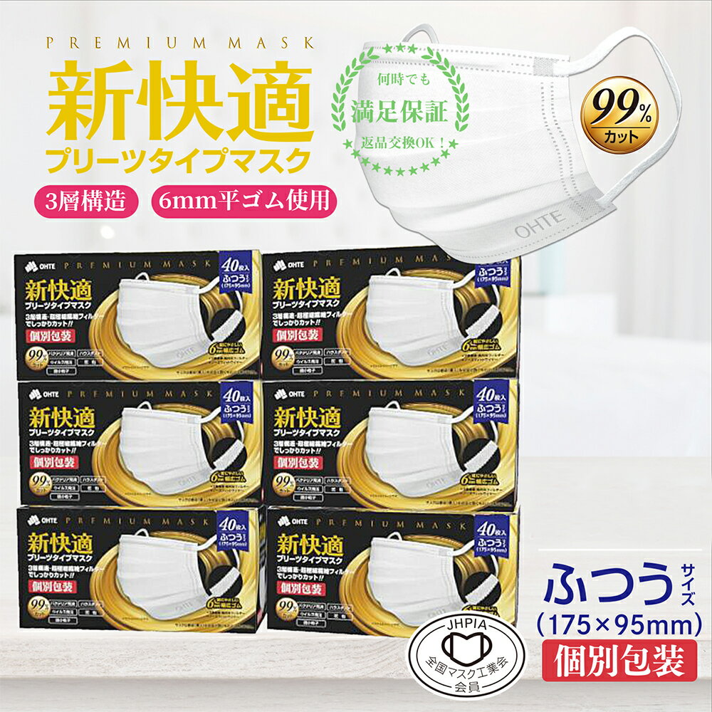 ＼期間限定価格！／マスク 不織布 個包装 40枚x6箱 240枚 ふつう 個別包装 3層構造 高密度フィルター カケンテスト認証 全国マスク工業会 新快適 プリーツマスク 普通 使い捨て マスク BFE VFE PFE 99%カット 175mmx95mm 花粉症対策 ohte 新快適マスク