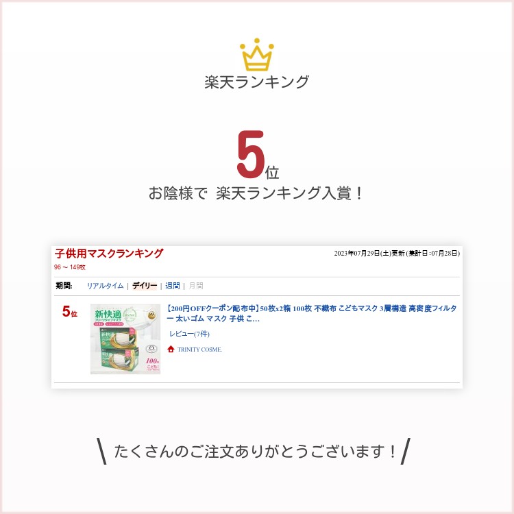【200円OFFクーポン配布中】50枚x2箱 100枚 不織布 こどもマスク 3層構造 高密度フィルター 太いゴム マスク 子供 こども 児童用 カケンテスト認証 全国マスク工業会 新快適 プリーツ 使い捨てマスク 耳 いたくない BFE VFE PFE 99%カット mask 125mm x 90mm 花粉症対策