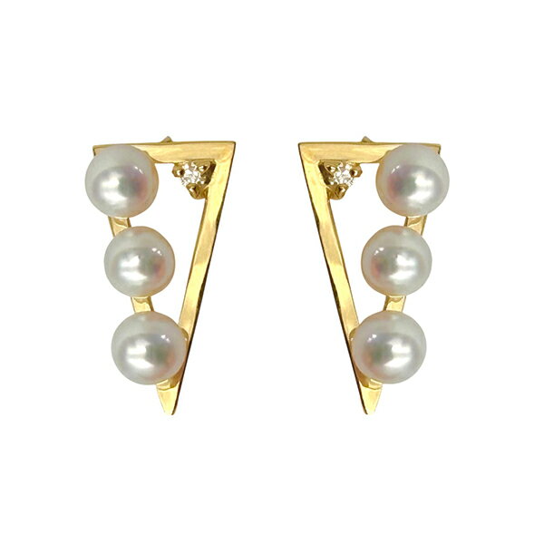 乐天商城 - アコヤ真珠 トライアングル 18金 トリプル 3連 3粒 イエローゴールド ピアス ダイヤモンド 両耳 パール 本真珠 スタッドピアス シリコンキャッチ