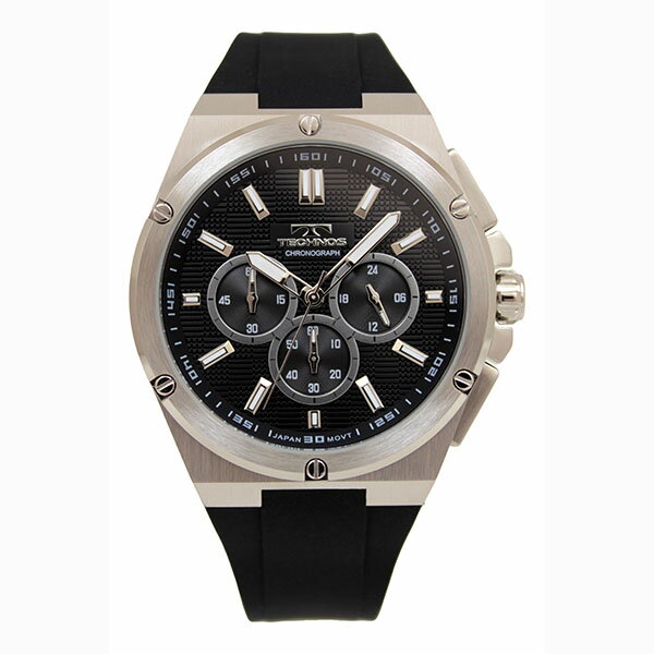 TECHNOS テクノス T6C27SB メンズ 5気圧防水 シリコンバンド 3針 クロノグラフ ブラック 尾錠バックル バンド調整不要 腕時計
