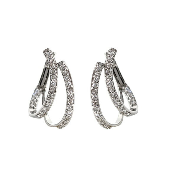 乐天商城 - 275496 デザインピアス 18金ホワイトゴールド 2連 フープピアス ダイヤモンド 両耳 輪っか バネチャッチ K18WG 国内正規品 送料無料