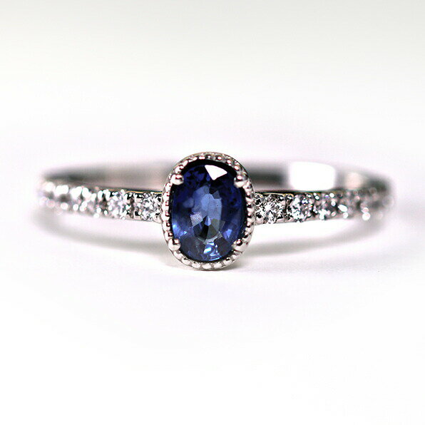 Rakuten - 指輪 PT サファイヤ&ダイヤモンド リング 0.4ct 0.19ct ミル打ち アンティーク シンプル おしゃれ かわいい リング 9月誕生石 一粒 レディース