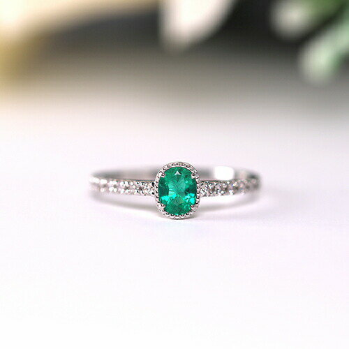 指輪 PT エメラルド&ダイヤモンドリング 0.3ct 0.18ct ミル打ち アンティーク 5月...