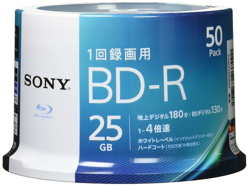ソニー ブルーレイディスク BD-R 25GB (1枚あたり地デジ約3時間) 1回録画用 50枚入り 4倍速ダビング対応 ケース無し 50BNR1VJPP4 ソニー ブルーレイディスク BD-R 25GB (1枚あたり地デジ約3時間) 1回録画用 50枚入り 4倍速ダビング対応 ケース無し 50BNR1VJPP4