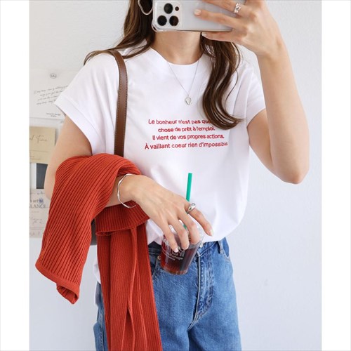 乐天商城 - ロゴ刺繍 Tシャツ レディース フレンチスリーブ コットン クルーネック オーバーサイズ ラウンドヘム サイドスリット 抜け感 Mサイズ 半袖Tシャツ トップス シャツ 透け感 きれいめ 大人 シンプル らくちん おしゃれ かわいい 春 夏 秋 20代 30代 40代 春夏 綿100％