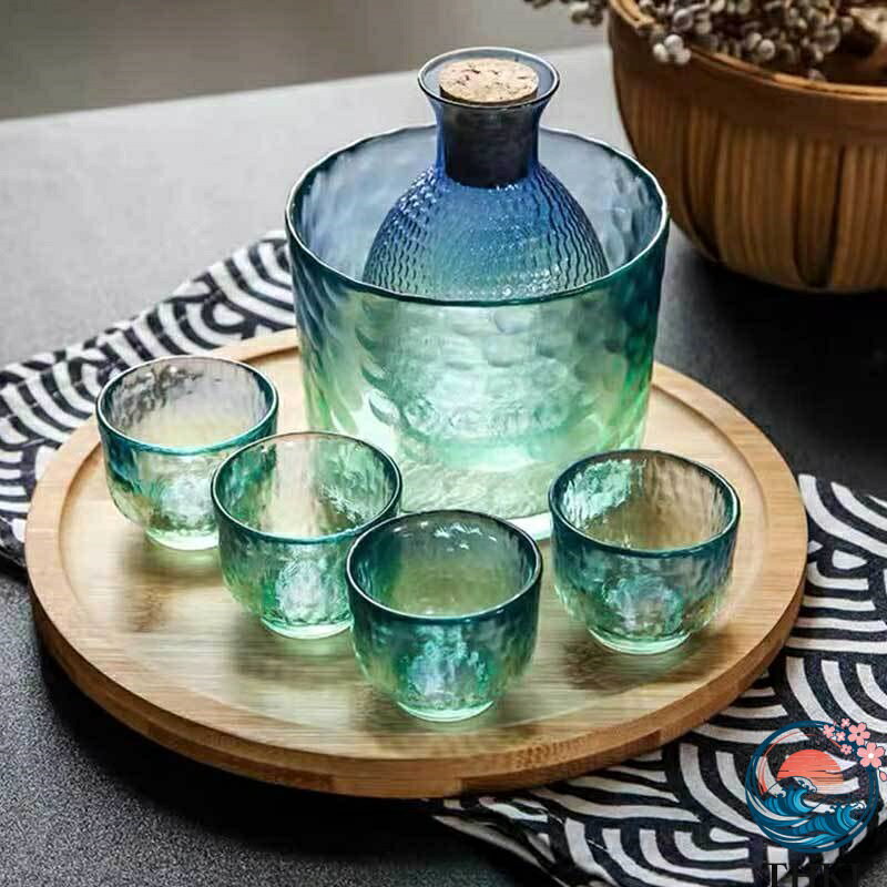 【全品5%ポイント】冷酒器セット 徳利 ガラス 6点セット ガラス酒器セット ゴールドライン 酒燗器 酒瓶 日本酒 洋酒 盃 ブルー 透明 グラス THKJ カラフェ 敬老の日 おしゃれ
