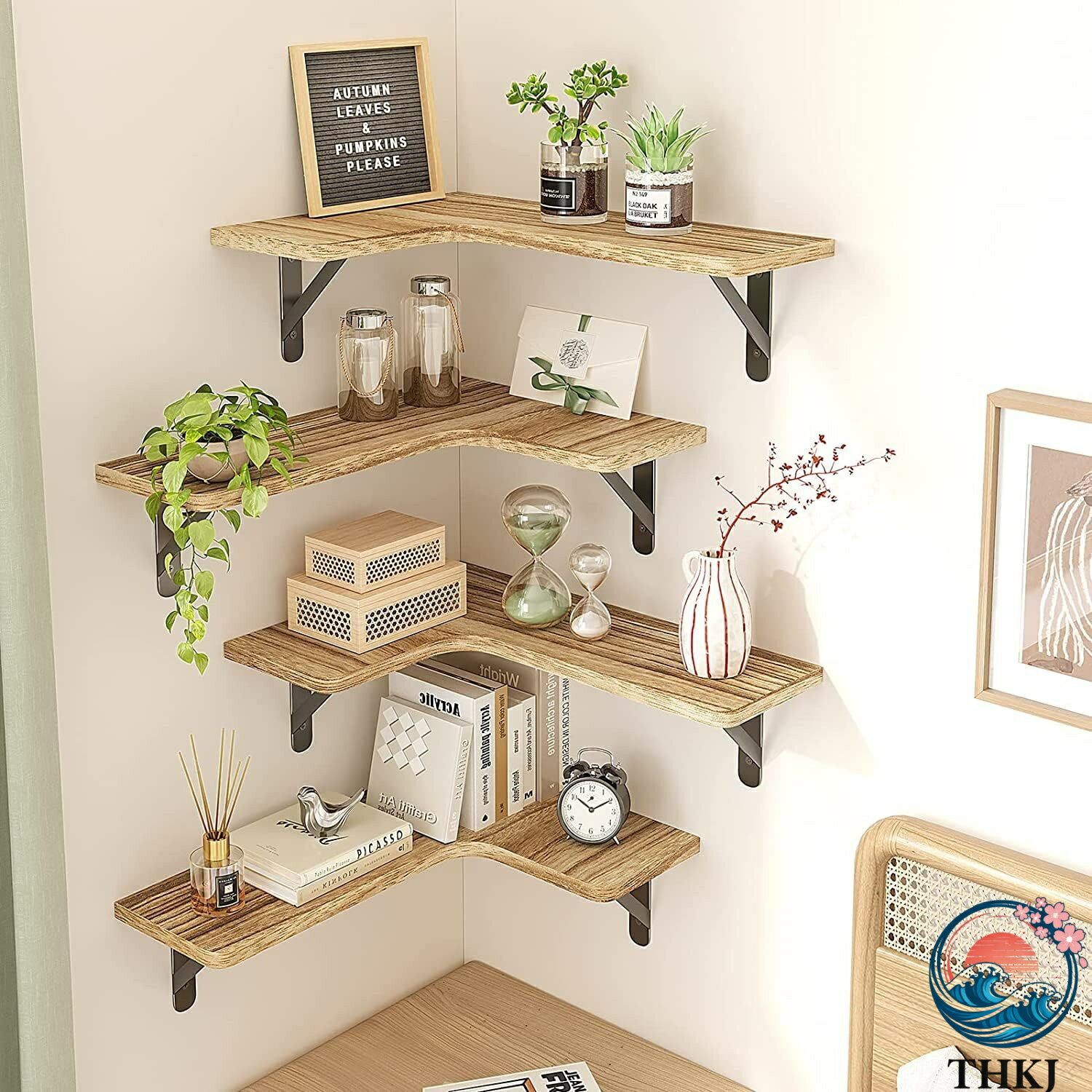 ウォールシェルフ 壁掛け棚 コーナーラック 壁掛け収納バスケット付き 4個セット 天然木製 おしゃれ多機能ラック キッチン 洗面所 トイレ 寝室 タオルバー付き ライトブラウン 簡単取り付け