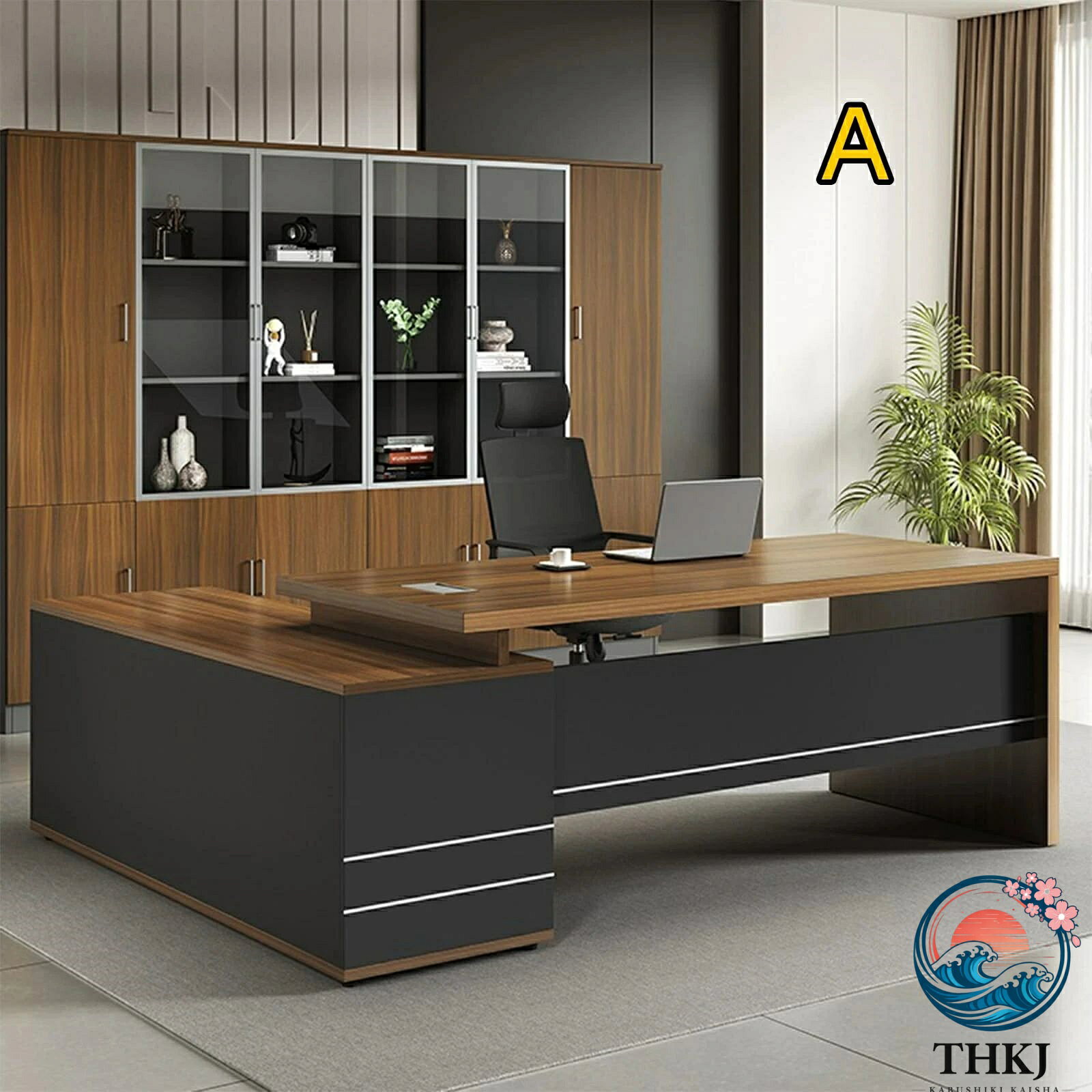 【全品5%ポイント】法人様向け 社長デスク L字デスク オフィス 配線ボックス付き ロッカー収納一体型 社長テーブル エグゼクティブ 木目調 トップ 役員 会議用テーブル [2]