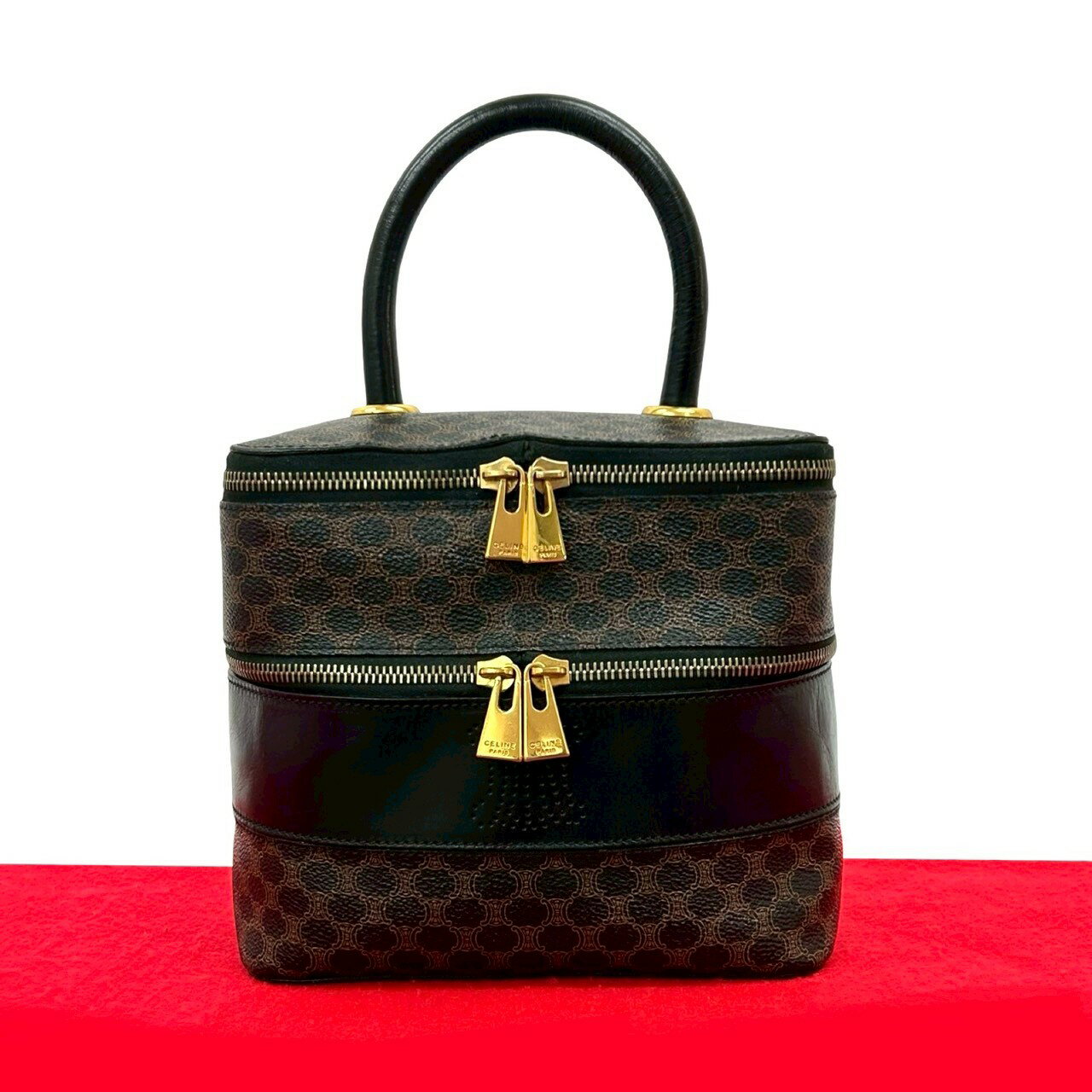 CELINE - 【ポイント2倍】極 美品 CELINE セリーヌ ヴィンテージ マカダム ブラゾン 柄 レザー ハンドバッグ バニティ メイクボックス ブラック ブラウン 38281【送料無料】【中古】
