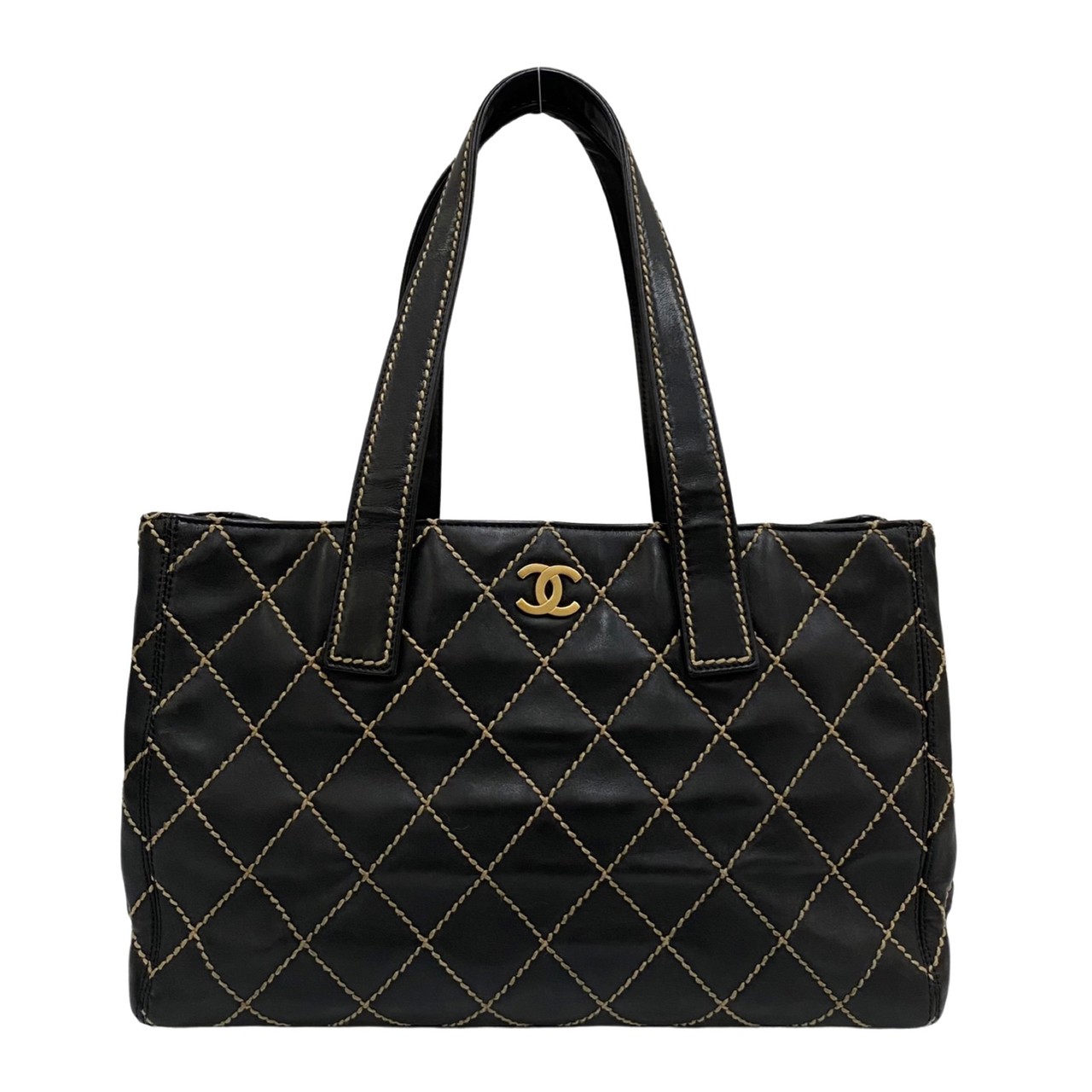 【ポイント2倍】極 美品 シール有 8番台 CHANEL シャネル ワイルドステッチ ココマーク 金具 レザー 本革 トートバッグ ハンドバッグ ブラック 24164 【送料無料】【中古】