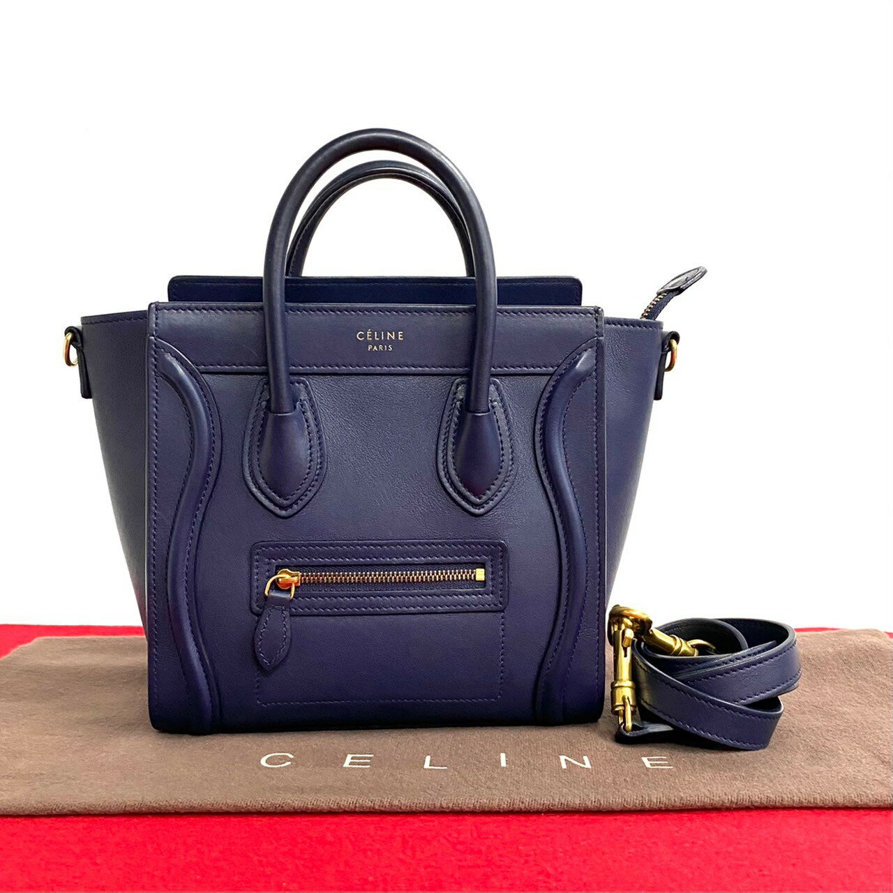 【ポイント2倍】極 美品 希少品 CELINE セリーヌ ラゲージ ナノ レザー 本革 2way ハンドバッグ ミニ ショルダーバッグ ポシェット ネイビー 紺 0otk4119【送料無料】【中古】