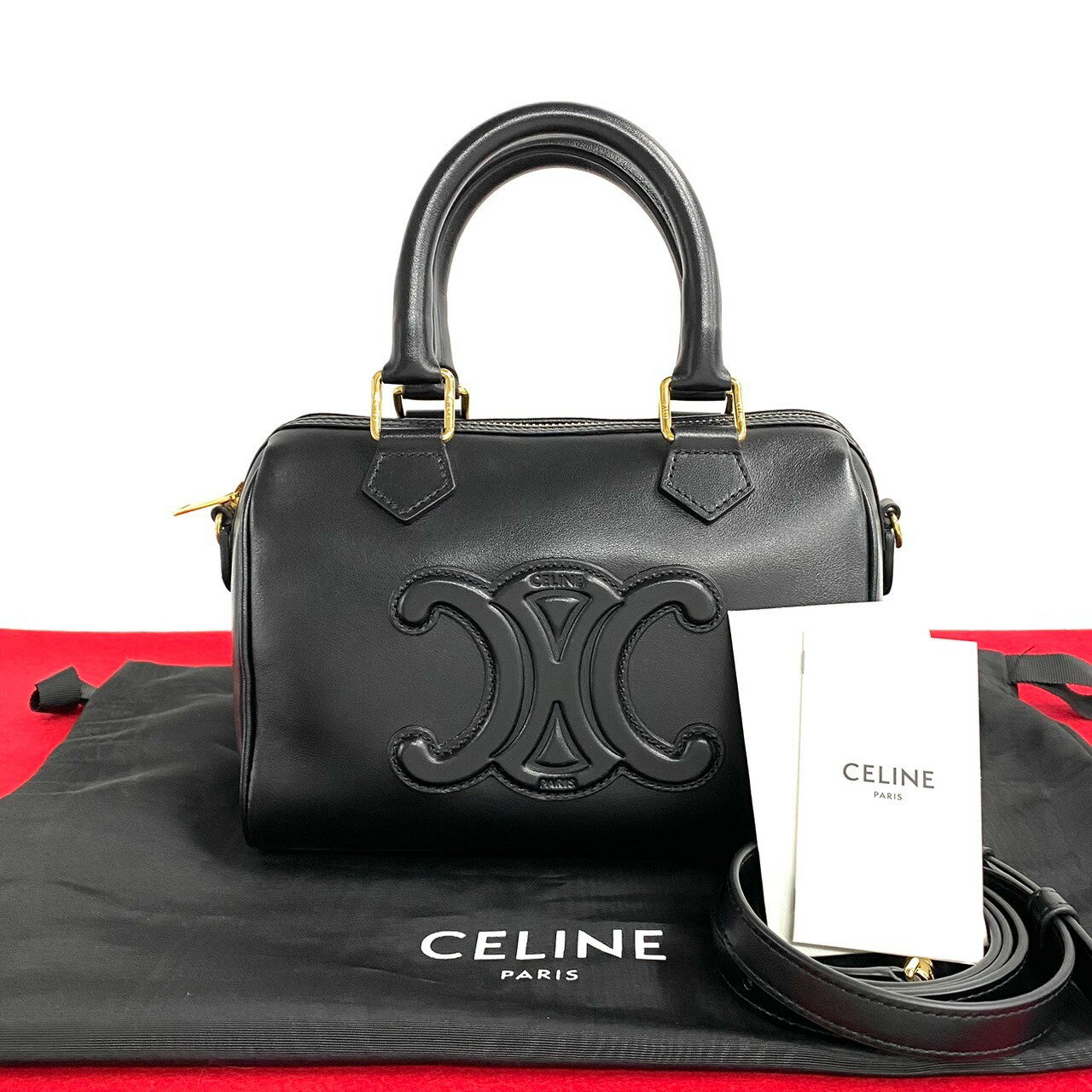 【ポイント5倍】未使用保管品 保存袋付 CELINE セリーヌ キュイル トリオンフ レザー 2way スモール ボストンバッグ ハンドバッグ ショ..