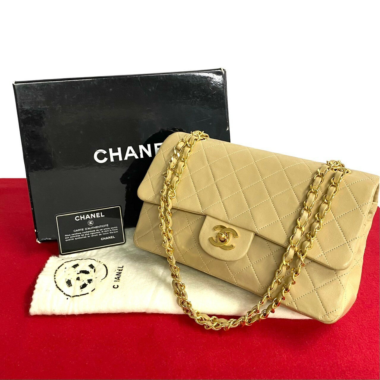 【ポイント5倍】極 美品 箱 袋付 シール カード有 1番台 CHANEL シャネル マトラッセ ダブルフラップ 25cm レザー チェーン ハンドバッグ ベージュ 14514【送料無料】【中古】