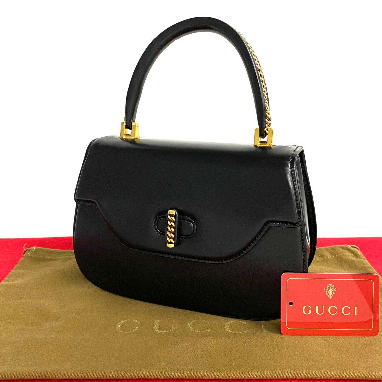 【ポイント2倍】極 美品 GUCCI グッチ オールドグッチ ヴィンテージ チェーン モチーフ ハンドル ターンロック カーフ レザー ハンドバッグ ブラック 22849 【送料無料】【中古】