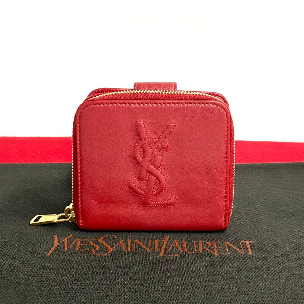 【ポイント5倍】極 美品 YVES SAINT LAURENT イヴ サンローラン YSL カサンドラ ラウンドファスナー レザー 二つ折り 財布 ミニ ウォレット レッド 18896 【送料無料】【中古】