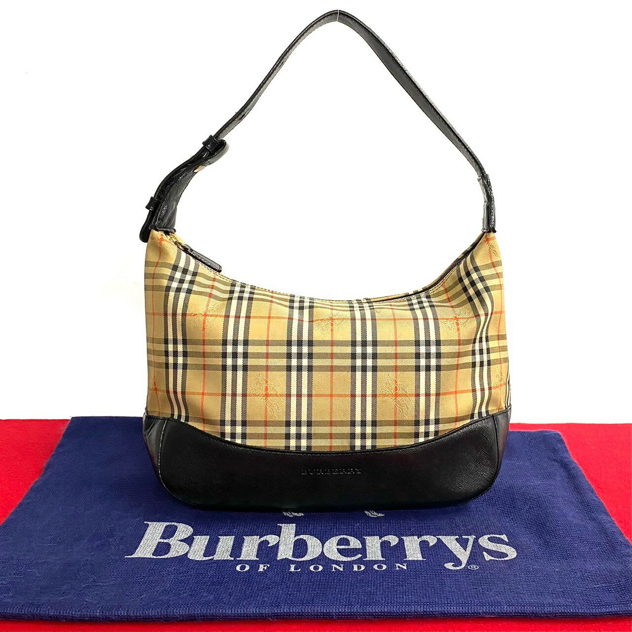 【ポイント2倍】極 美品 BURBERRY バーバリー ノバチェック シャドーホース キャンバス レザー 本革 セミ ショルダーバッグ ハンドバッグ ブラック 33431 【送料無料】【中古】