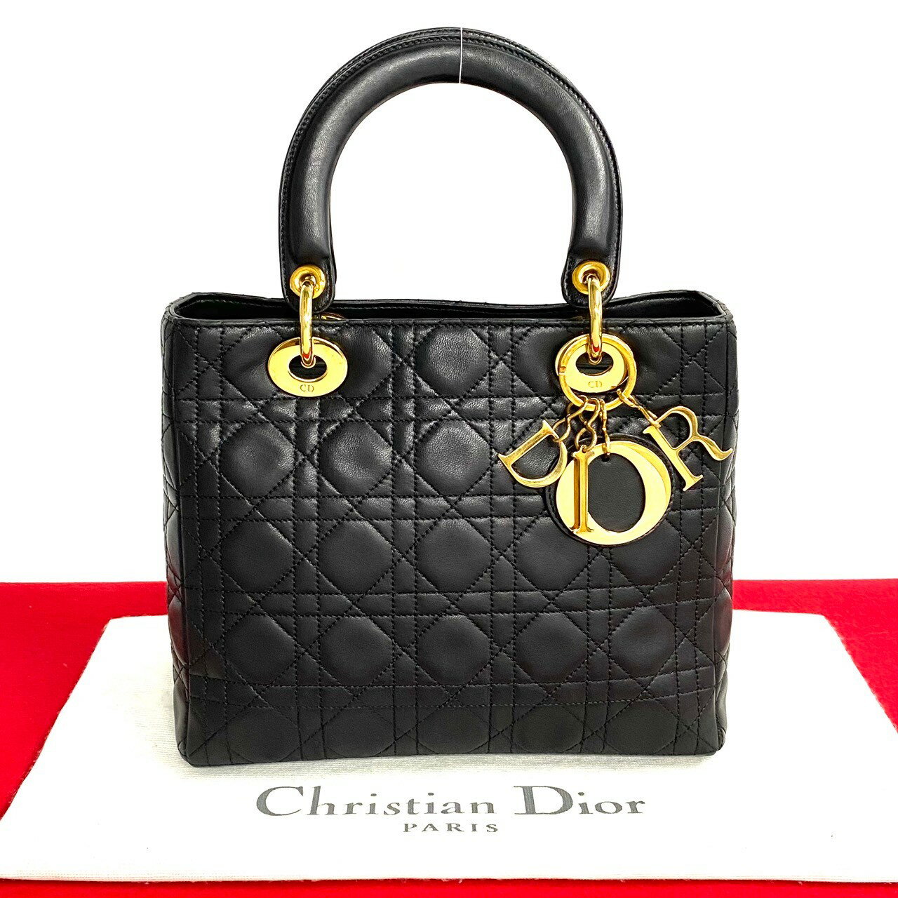 【ポイント2倍】極 美品 袋付 Christian Dior ディオール レディディオール ロゴ 金具 カナージュ ラムスキン レザー 本革 ハンドバッグ ブラック 55830【送料無料】【中古】