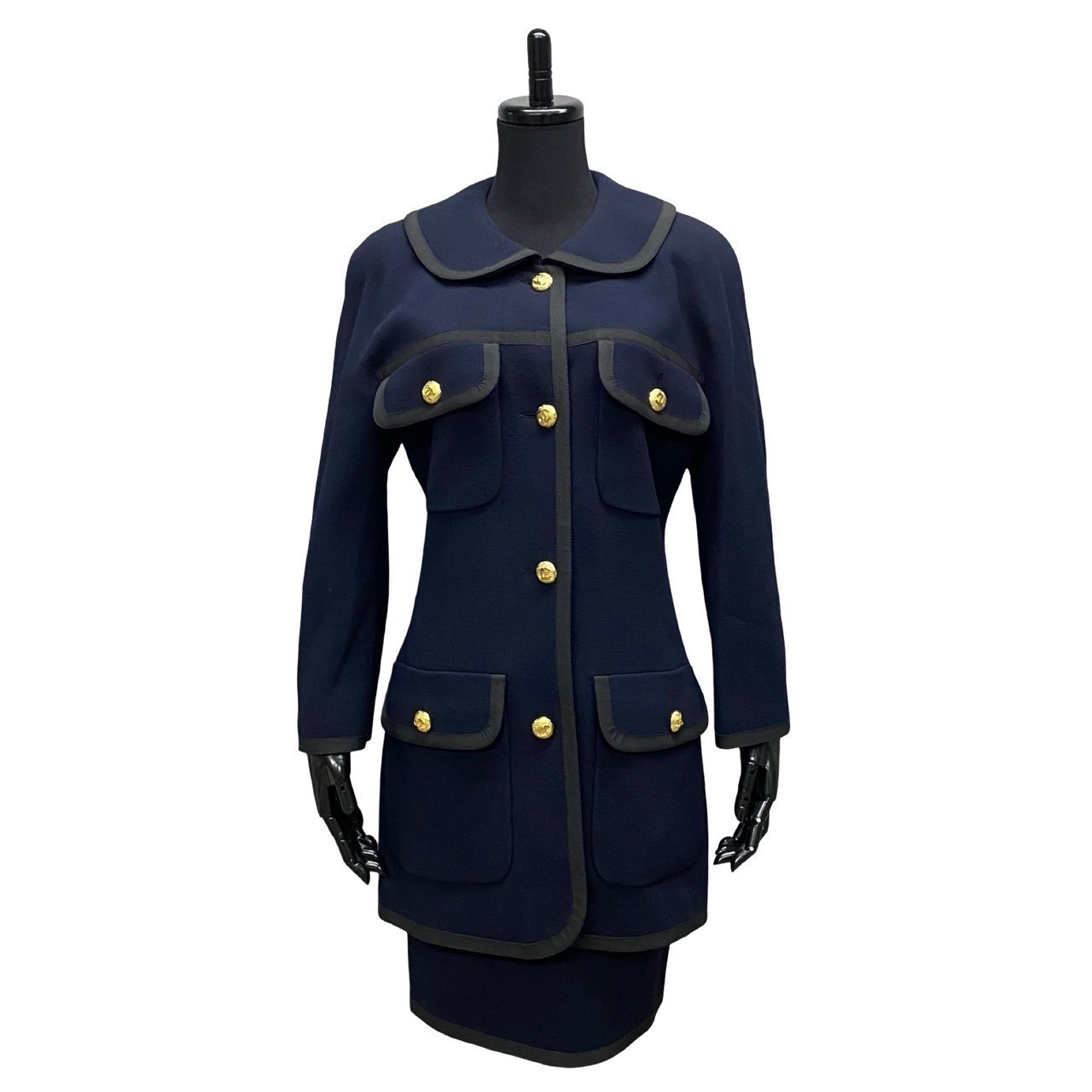 【ポイント2倍】極 美品 CHANEL シャネル ヴィンテージ ココマーク ボタン ウール セットアップ ジャケット スカート 36 レディース ネイビー 31...