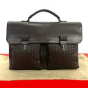 【ポイント2倍】極 美品 袋付き BOTTEGA VENETA ボッテガヴェネタ イントレチャート レザー 本革 ビジネスバッグ ハンドバッグ ブラウン メンズ...