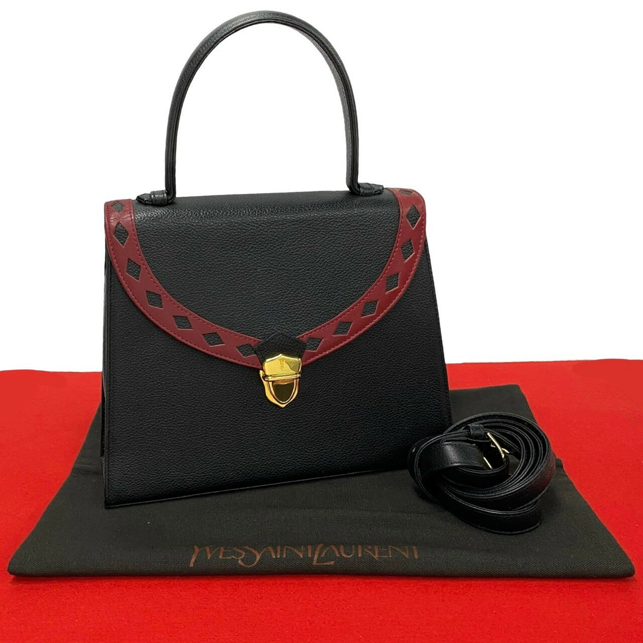 【ポイント2倍】ほぼ未使用 YVES SAINT LAURENT イヴ サンローラン YSL カットアウト パンチング レザー 2way ハンドバッグ ショルダーバッグ 黒 44124【送料無料】【中古】
