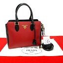 【ポイント2倍】ほぼ未使用 希少品 袋付き PRADA プラダ ロゴ 金具 レザー 本革 2way ショルダーバッグ ハンドバック トートバッグ レッド ブラック 113-8【送料無料】【中古】