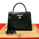 【ポイント2倍】極 美品 袋付き □A 刻印 HERMES エルメス ケリー28 ボックスカーフ レザー 本革 2way ハンドバッグ ショルダーバッグ ブラッ...