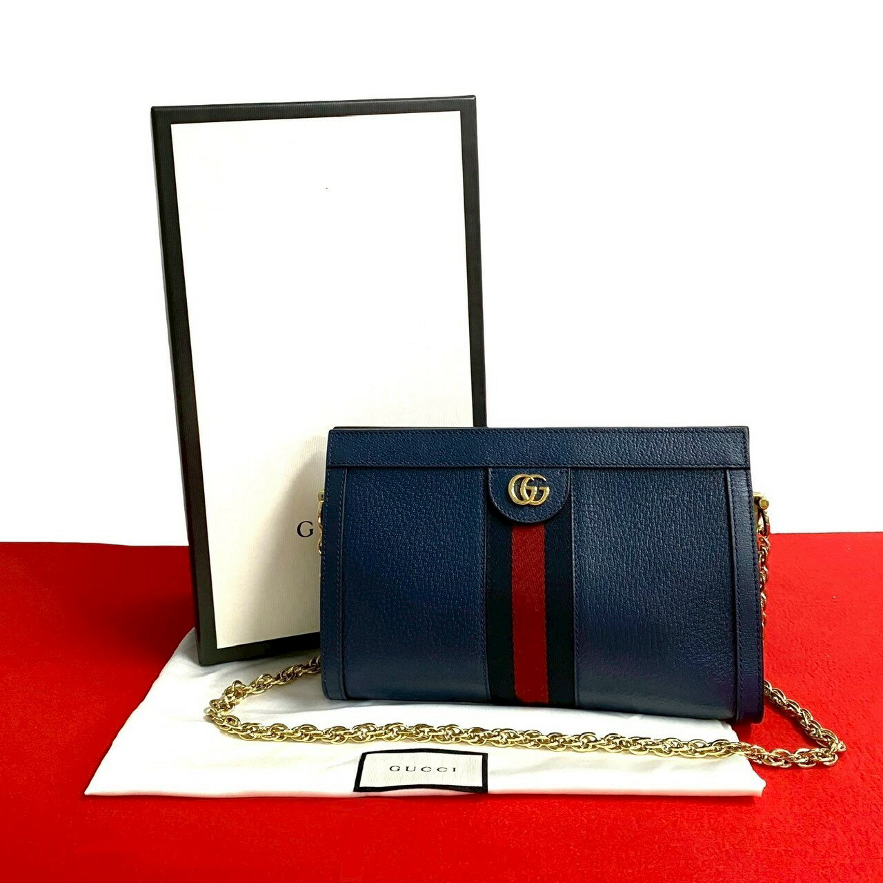 【ポイント2倍】ほぼ未使用 箱 袋付き GUCCI グッチ オフィディア シェリーライン GG ロゴ 金具 レザー 本革 ショルダーバッグ ネイビー レッド 45677【送料無料】【中古】