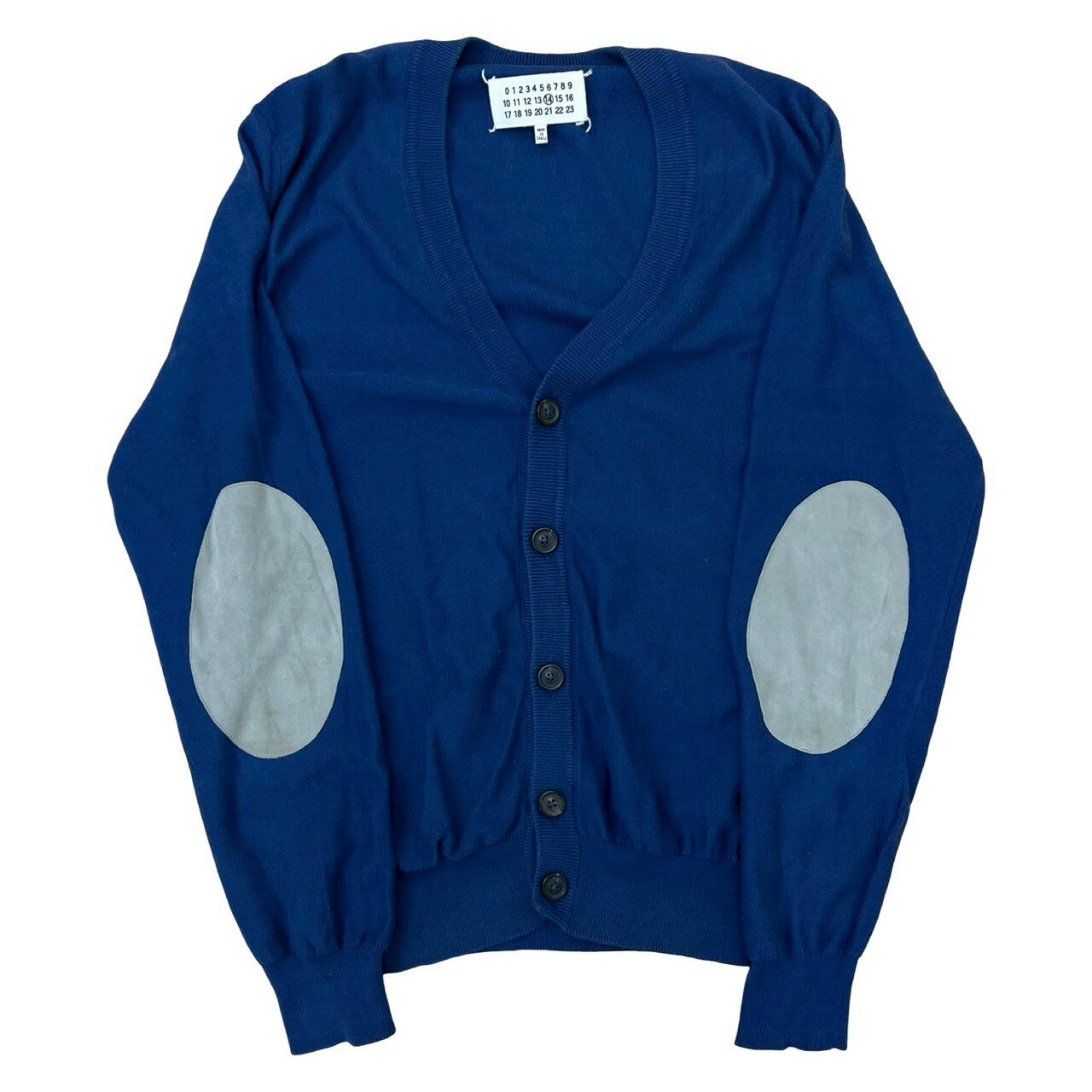 【ポイント2倍】極 美品 MAISON MARGIELA メゾンマルジェラ Vネック カーディガン エルボーパッチ コットン ラムレザー ニット セーター ブルー 59365【送料無料】【中古】