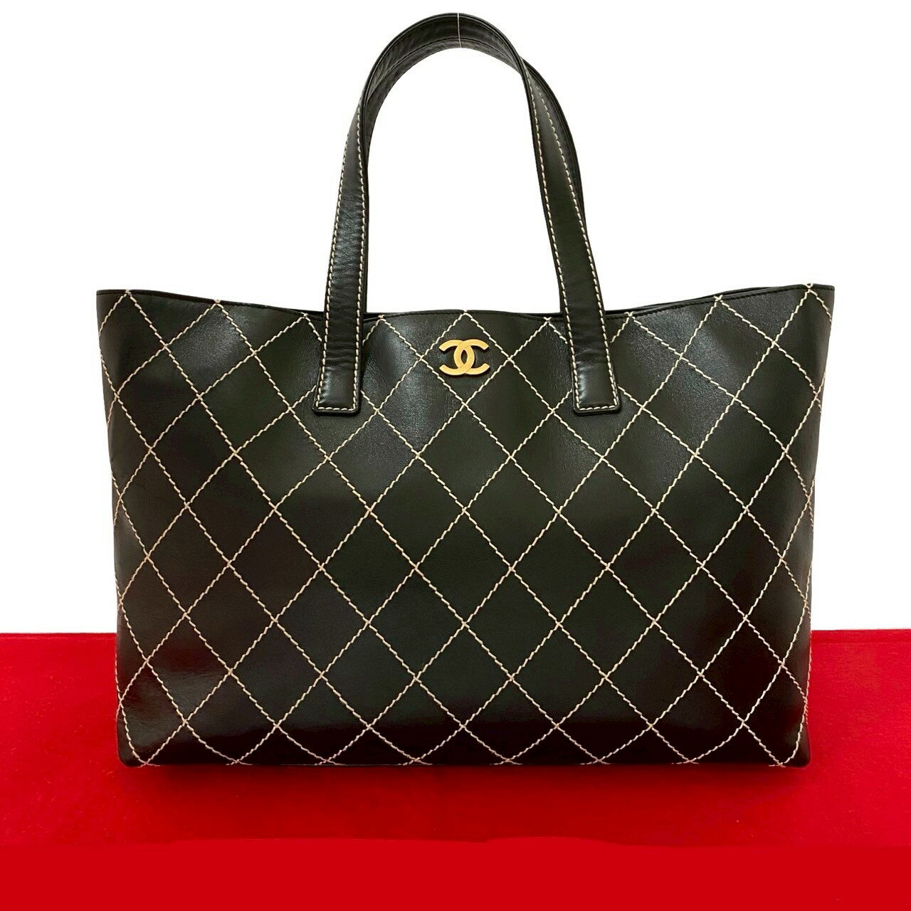 【ポイント2倍】極 美品 シール有 7番台 CHANEL シャネル ヴィンテージ マトラッセ ワイルドステッチ ココマーク レザー トートバッグ ブラック 75999【送料無料】【中古】