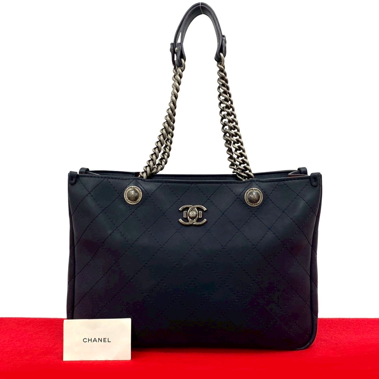 【ポイント2倍】極 美品 シール有 20番台 CHANEL シャネル ワイルドステッチ ココ レザー チェーン トートバッグ セミショルダーバッグ ネイビー 177-6【送料無料】【中古】