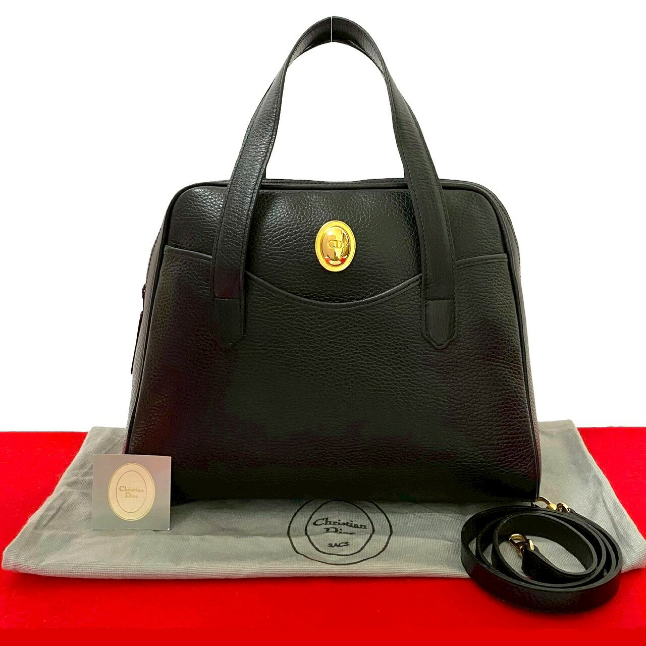 【ポイント2倍】極 美品 袋付き Christian Dior ディオール ヴィンテージ CD ロゴ 金具 レザー 本革 2way ハンドバッグ ショルダーバッグ ブラック 32816【送料無料】【中古】