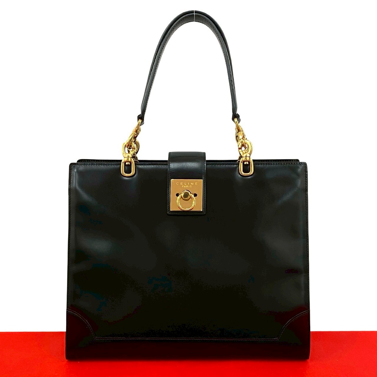 【ポイント2倍】極 美品 希少品 CELINE セリーヌ ヴィンテージ ロゴ リング 金具 カーフ レザー 本革 ハンドバッグ トートバッグ ブラック 黒 43640【送料無料】【中古】