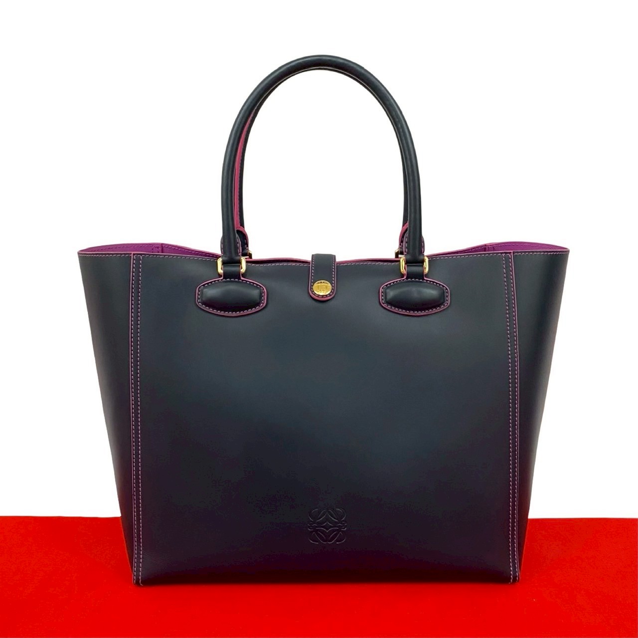 【ポイント2倍】極 美品 LOEWE ロエベ レオ アナグラム ロゴ トートバッグ レザー 本革 ハンドバッグ トートバッグ ネイビー ピンク i47-4【送料無料】【中古】