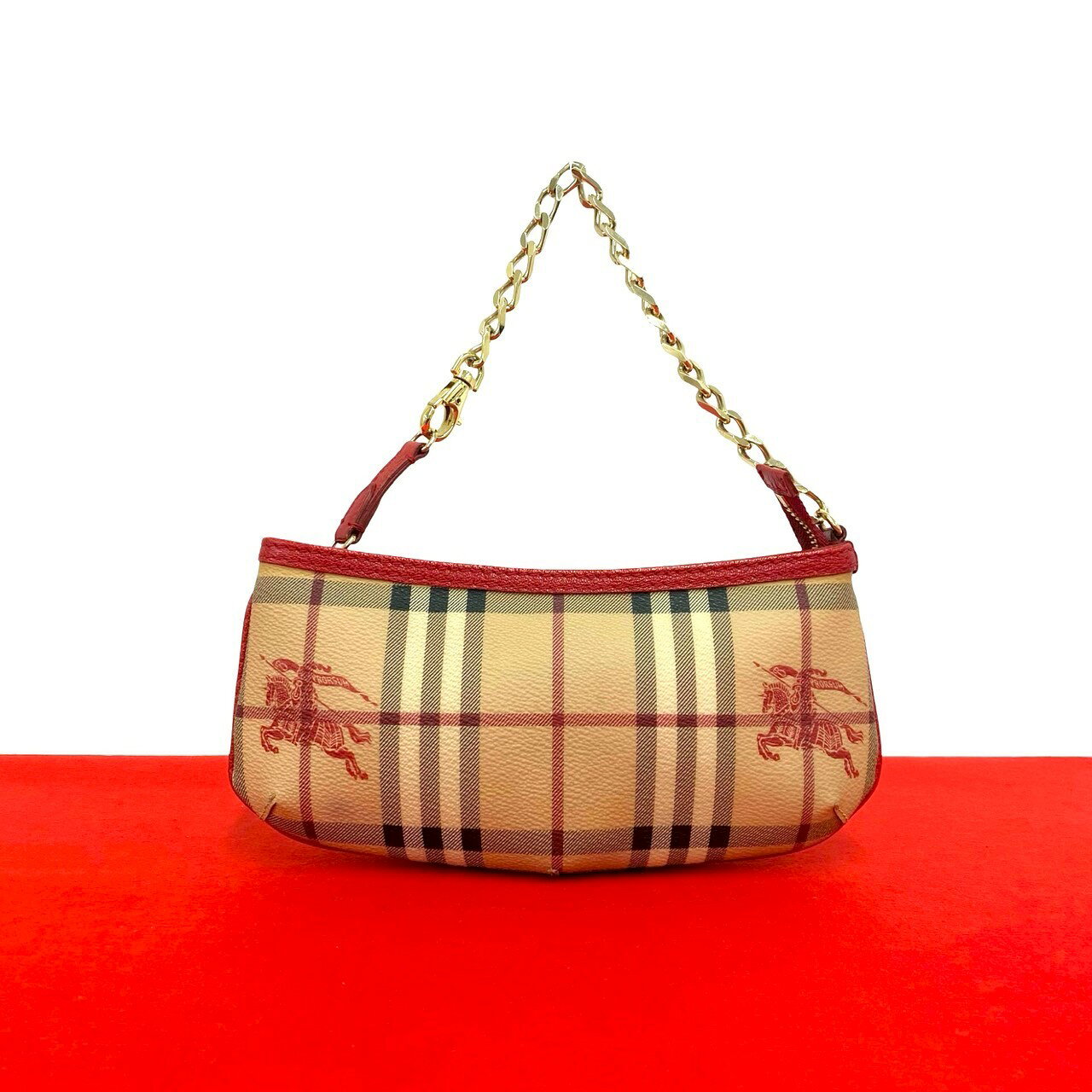 【ポイント2倍】ほぼ未使用 BURBERRY バーバリー ノバチェック シャドーホース 柄 レザー チェーン ハンドバッグ ポーチ ベージュ レッド 29956【送料無料】【中古】