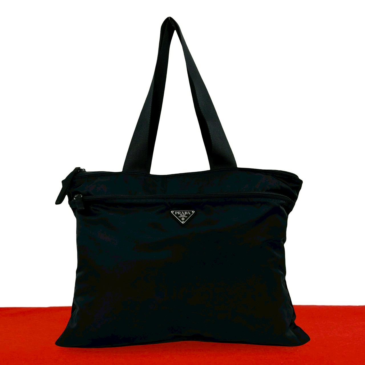 【ポイント2倍】極 美品 PRADA プラダ 三角ロゴ プレート 金具 テスート ナイロン トートバッグ ハンドバッグ セミ ショルダーバッグ ブラック 03683【送料無料】【中古】
