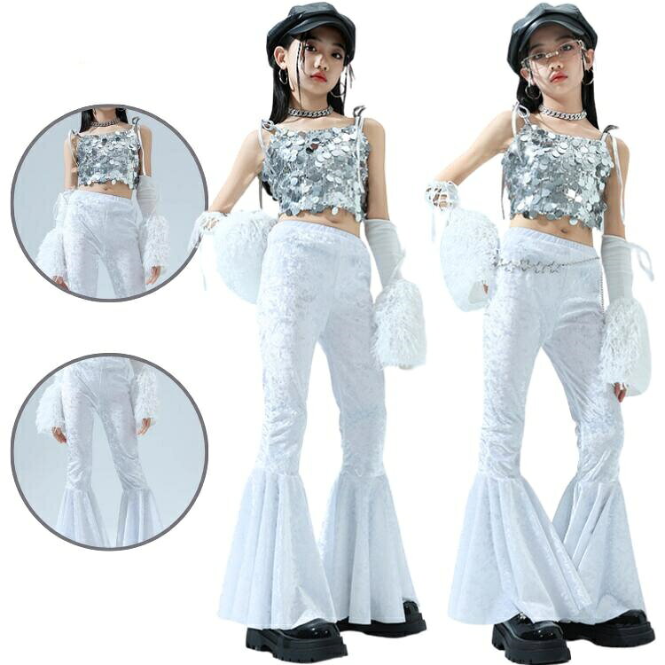 Rakuten - メタリック 衣装 ダンス シルバー キッズダンス セットアップ 女の子 トップス へそ出し パンツ かっこいい 銀色 白 ジャズダンス衣装 韓国 k-pop アイドル スパンコール